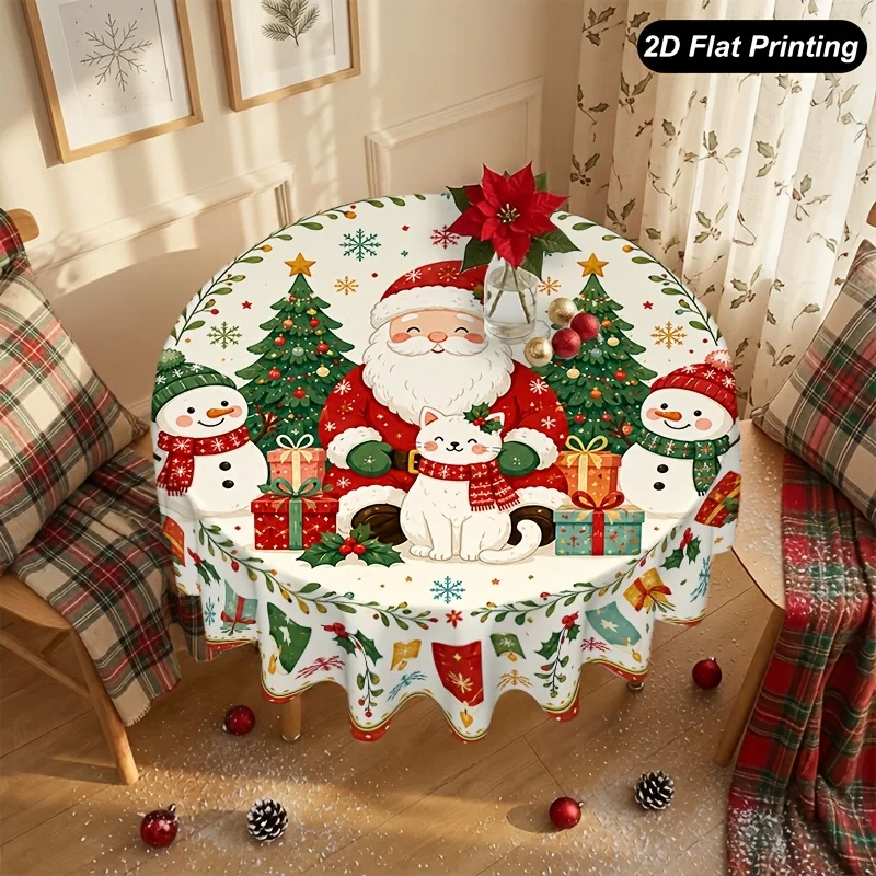 1 piece 2D flat Christmas round tablecloth, Santa Claus and snowman pattern