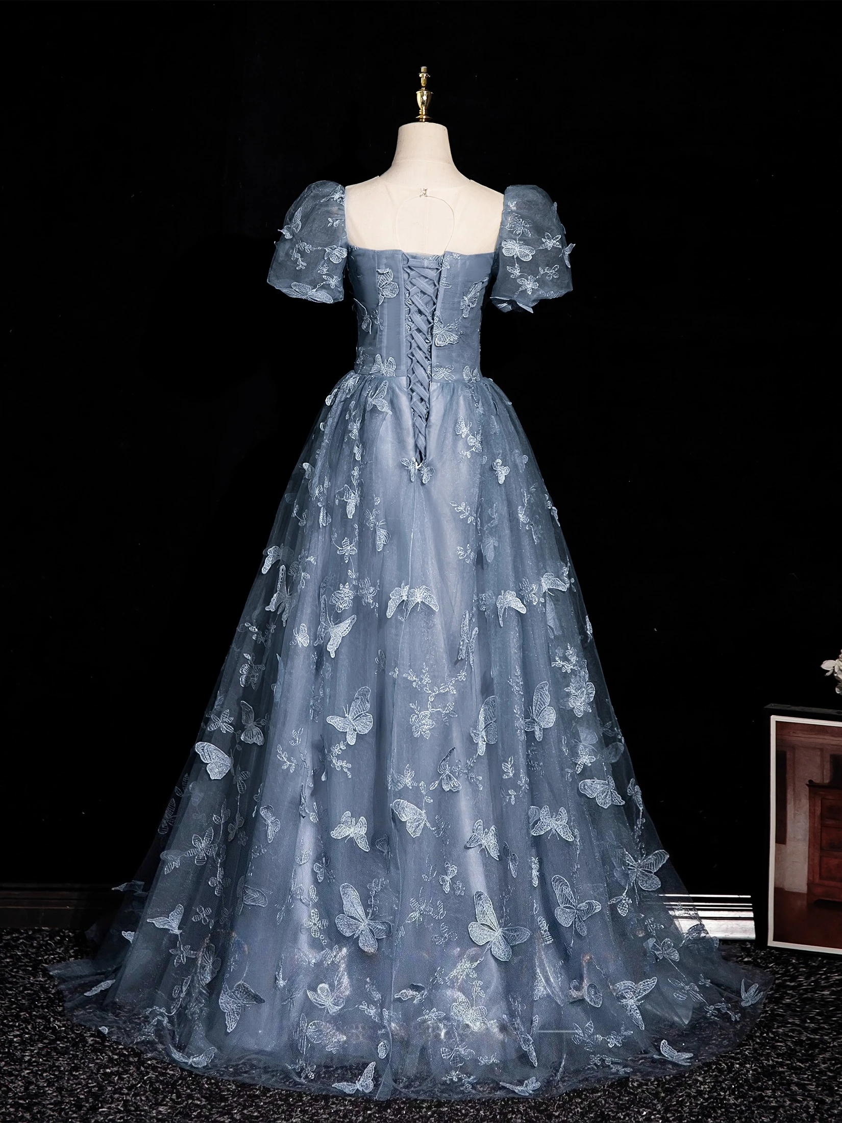 Women's Tulle 3D Butterfly Prom Dress Formal Evening Party Blue Adult Ceremony Birthday Graduation Gown