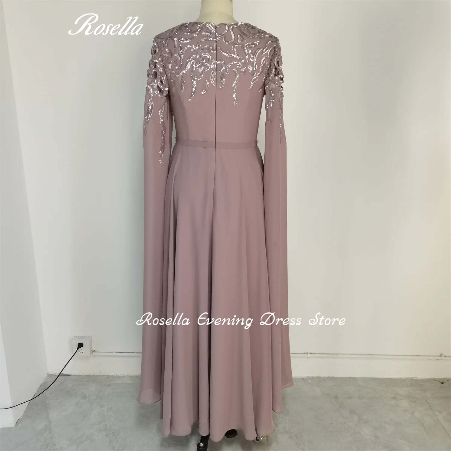 ROSELLA Elegant Classic O-neck A-line Empire Ribbon Long Sleeves Floor Length Zipper Up Women Evening Dress Prom Gown New 2023