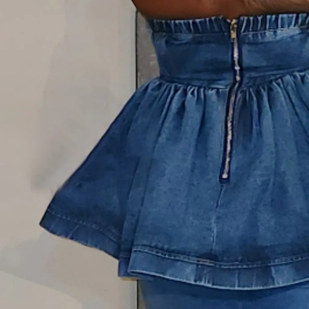 Gece kulübü parti Denim seksi elbise katı esneklik göğüs Wrap fermuar Mini elbiseler yaz kolsuz pilili kot bayan elbiseler