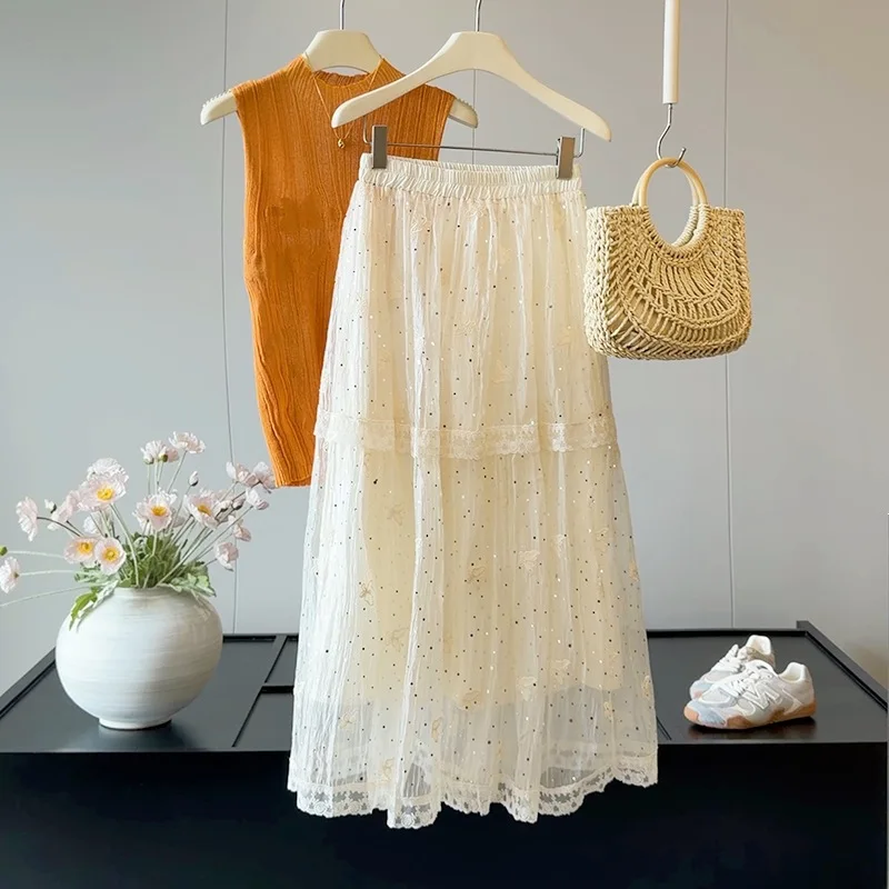 2026 Women Summer Lace Skirt Butterfly Embroidery A-Line Long Skirts Stretch High Waist Maxi Skirts Faldas Femme Streetwear