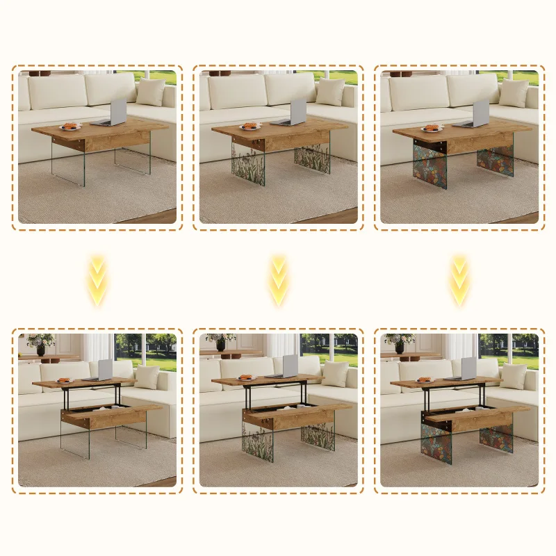 متعددة الوظائف رفع طاولة القهوة الخشب الداكن اللون الحبوب ملصق ضروري للمنازل الحديثة الزجاج المقسى الساقين رفع العلوي #5