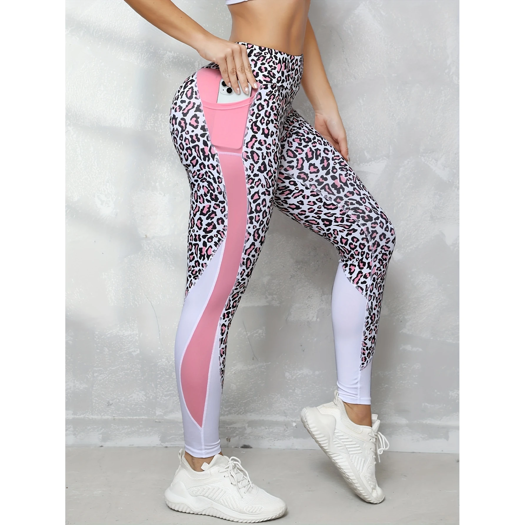 

Новые облегающие леггинсы для фитнеса и йоги с высокой талией, леопардовым принтом, карманами и контрастными вставками, базовый слой для трансграничной торговли