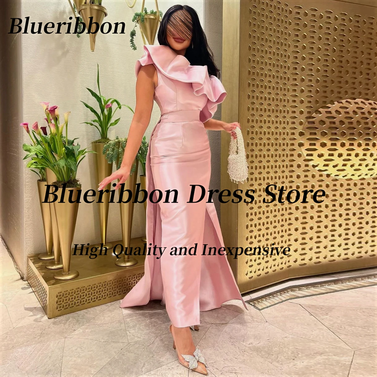 

Blueribbon Ruched One Shoulder Prom Dresses Side Slit Ankle Length Evening Gowns Detachable Train Wedding Party Dress for Bride