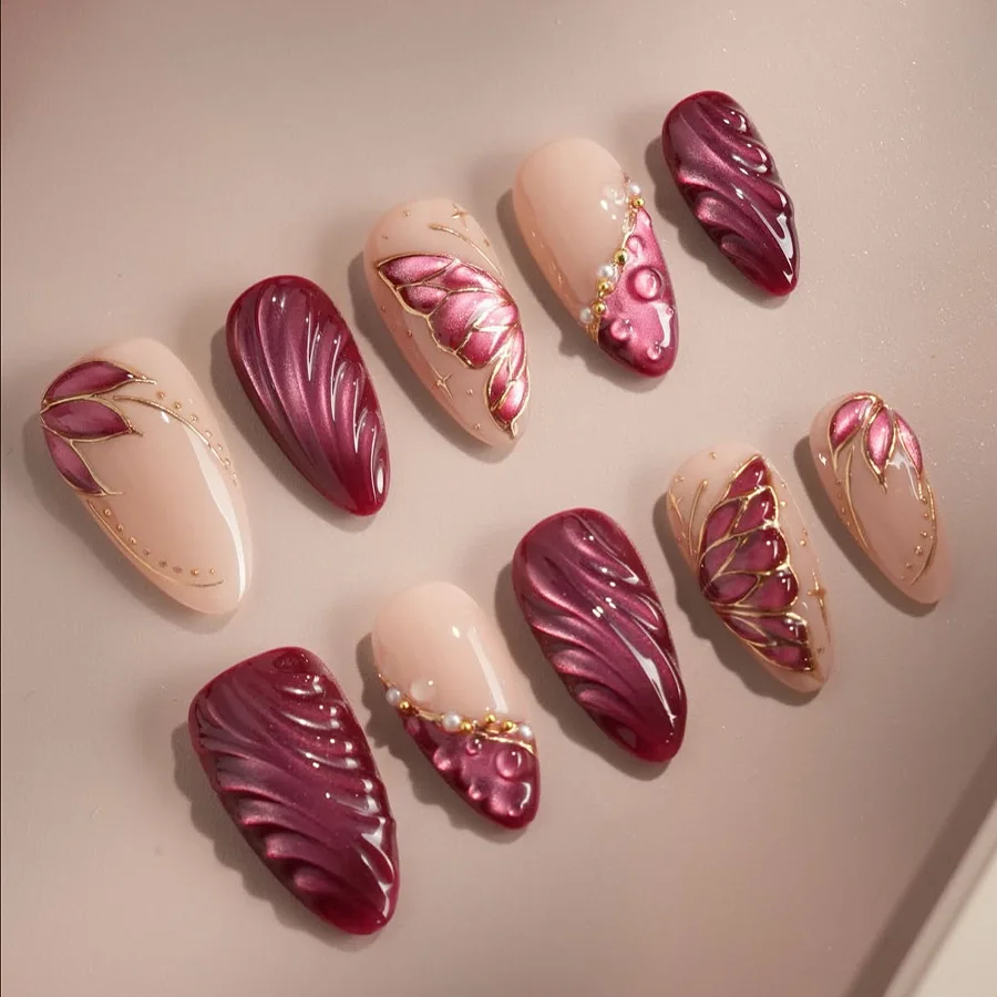 

24PCS Elegant False Nails Luxury Burgundy Cat Eye Butterfly Press on Nails with Gilt Design High End Glossy Removable Fake Nails