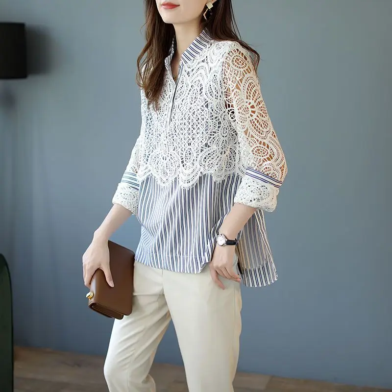 Spring Autumn New Fashion Striped Shirt Women High Street Casual Loose Button Pullovers Lace Patchwork Hollow Out Elegant Tops