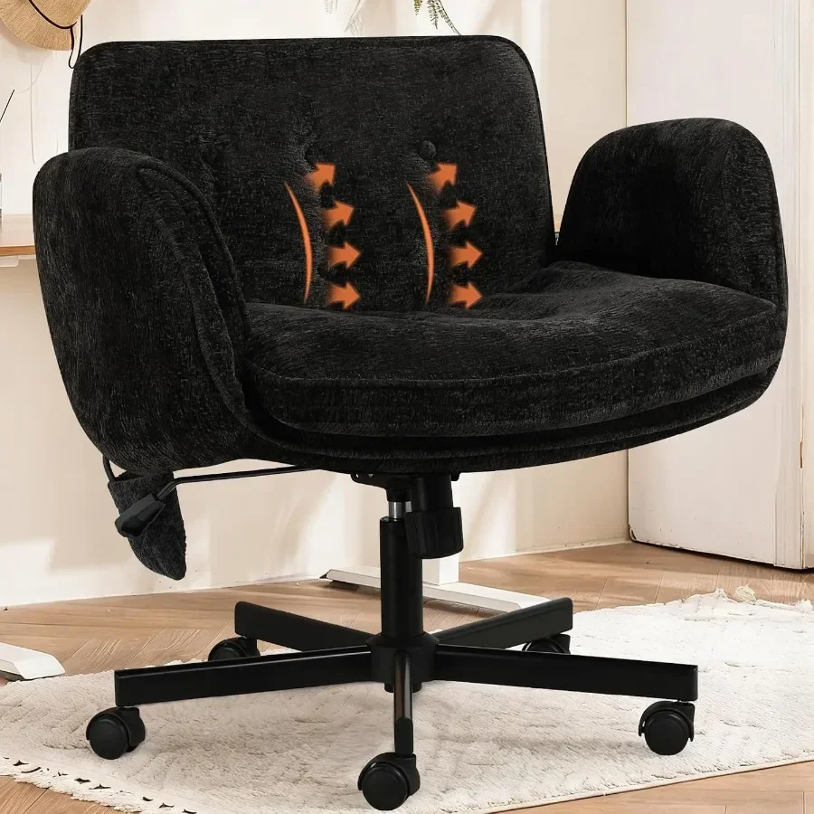 Criss Cross Chair for home office use, chenille fabric in black, features lumbar airbag and folding arms to relieve back pain,