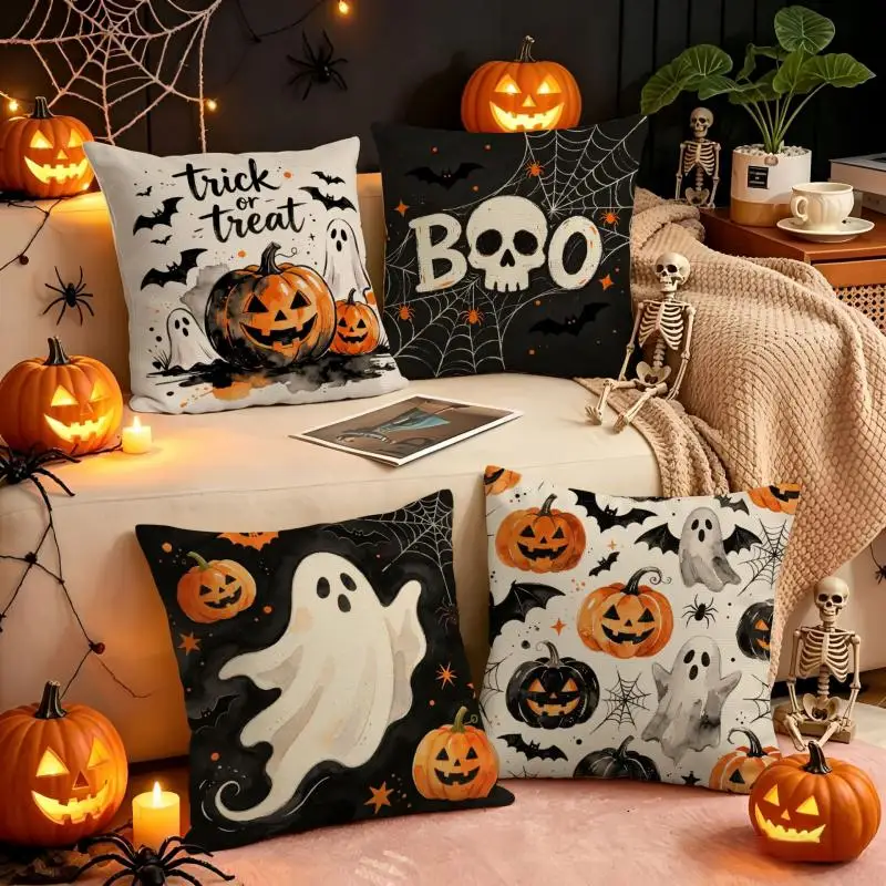 3 Stück Halloween-Geister-Print Sofakissenbezüge, Dekorative Kissenhüllen für Innenräume, Atmosphärische Kopfteil-Kissenbezüge – Detail 3