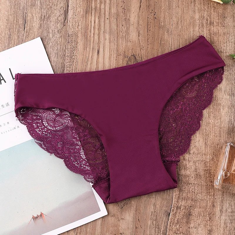 3Pcs Sexy Lace Panties Women Seamless Panty Set Hollow Panties Transparent Ice Silk Seamless Lingerie Plus Size S-XXL