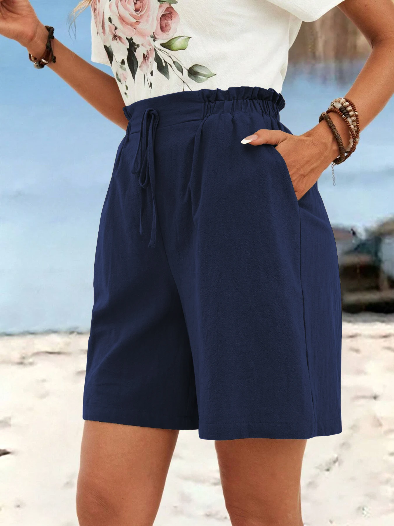 Damen-Shorts aus Leinen für Frühling und Sommer, einfarbig, lässig, sportlich, Dreiviertelhose mit Kordelzug – Detail 12