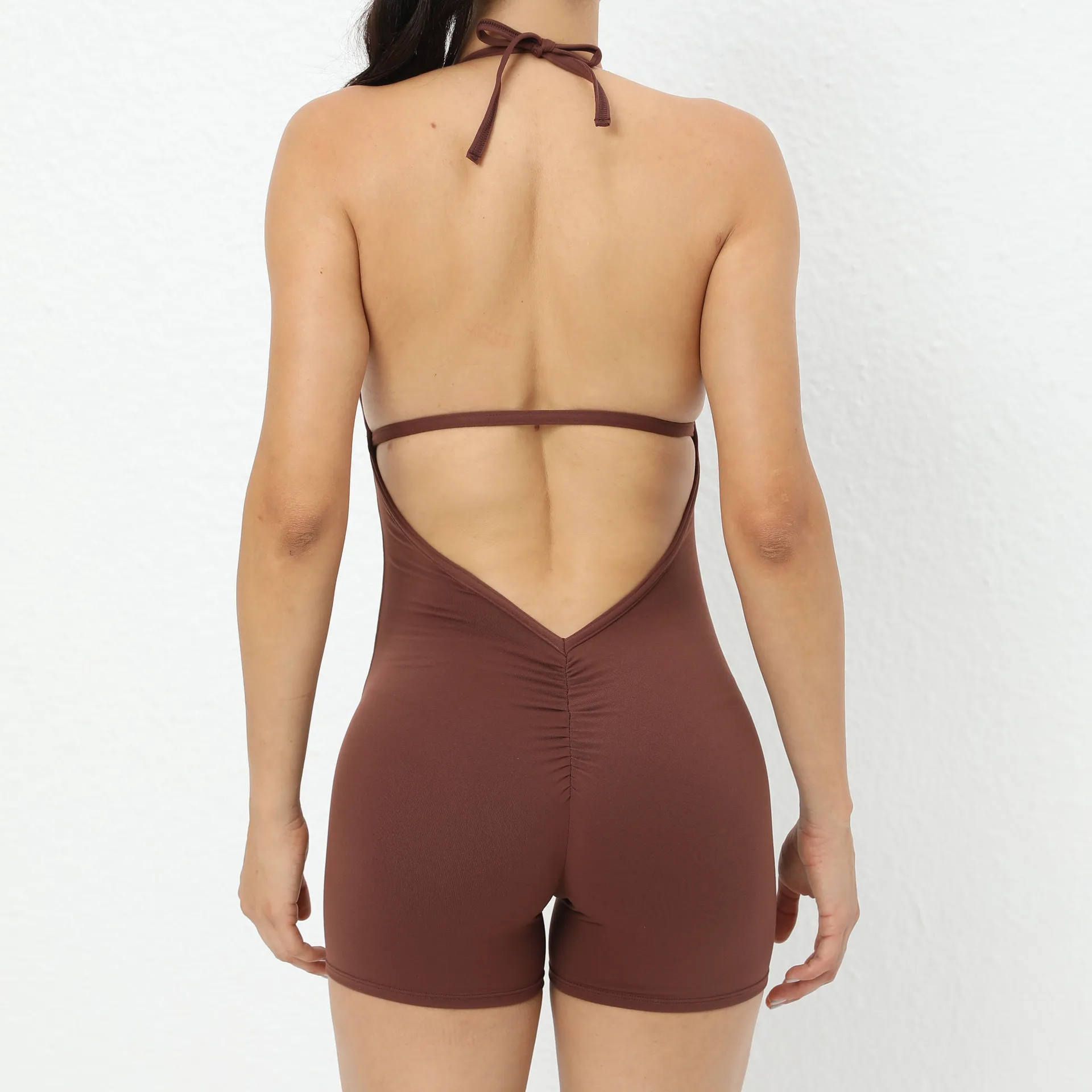 New Women\' One piece jumpsuit V-shaped chest Tie rope tie Shorts Fitness Overalls with Padding Workout Clothes Gym Sets