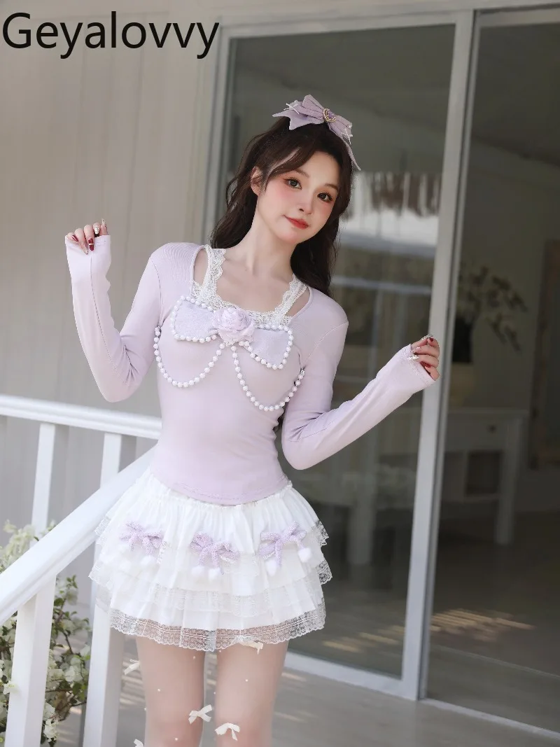 

Новинка Весна 2026: Топ в стиле Лолита с розами, бантом и жемчужной цепочкой, универсальная приталенная футболка с длинным рукавом и кружевной отделкой для милых девушек