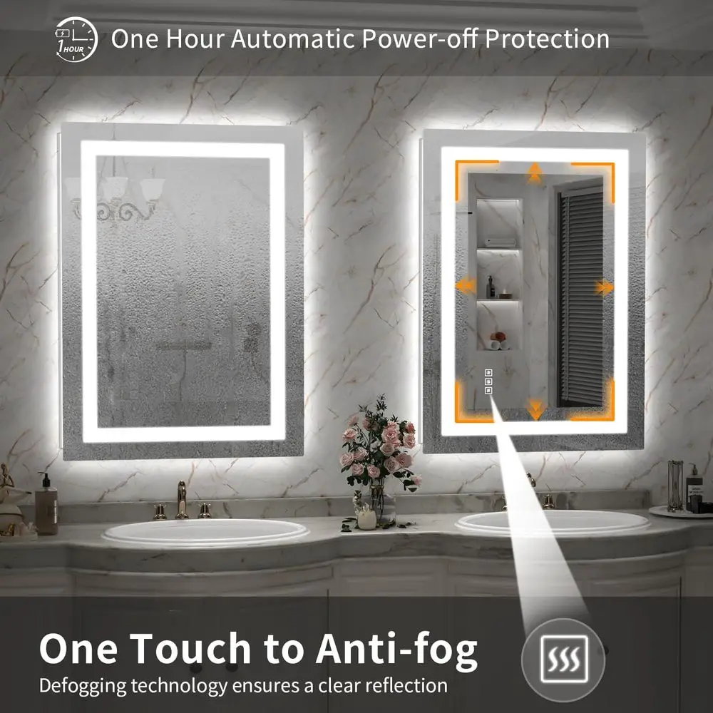 24x36 inch LED-verlichte badkamerspiegel met anticondens, onbreekbaar, 3 kleuren licht en helderheidsgeheugen