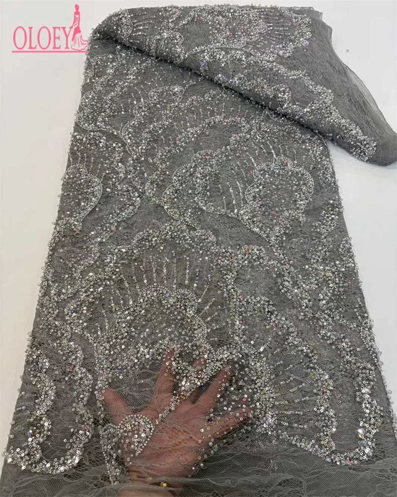 OLOEY Kain Renda Jala Afrika Nigeria Berkualitas Tinggi Dengan Payet Buatan Tangan Kain Renda Berhias Manik-Manik Berat Untuk Gaun Pesta Manik-Manik 5 Yard