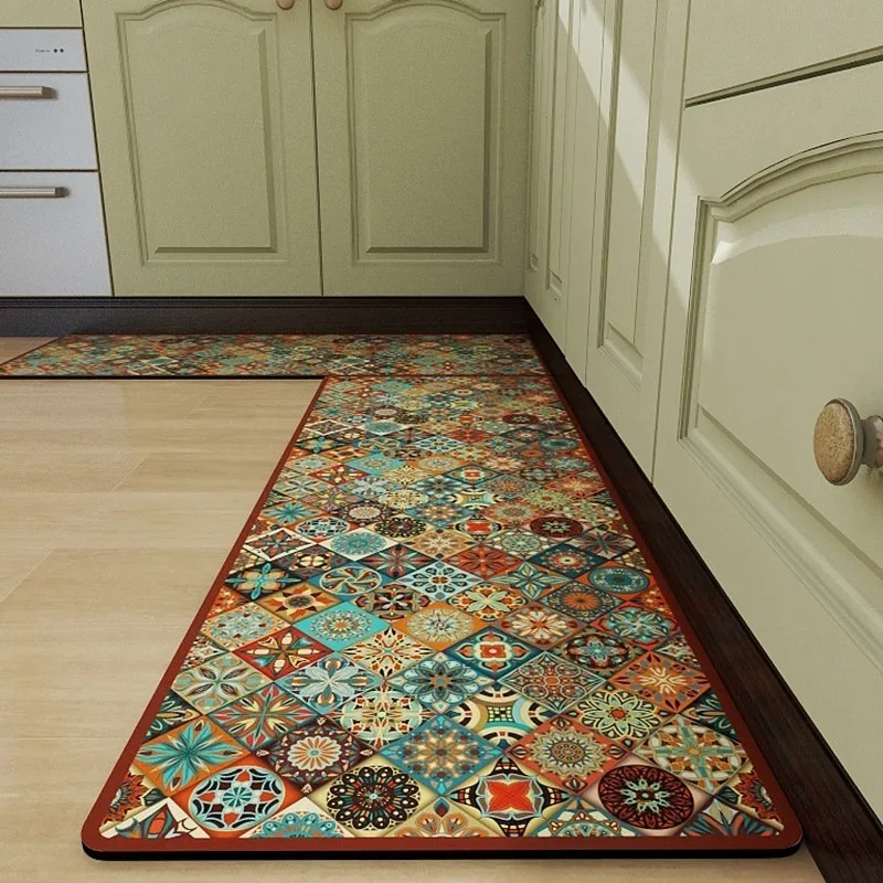 Ornate Style Patterns PVC Leather Rug Waterproof Oil-proof Stain-resistant Kitchen Carpet Large Area Non-slip Floor Mats Tapis