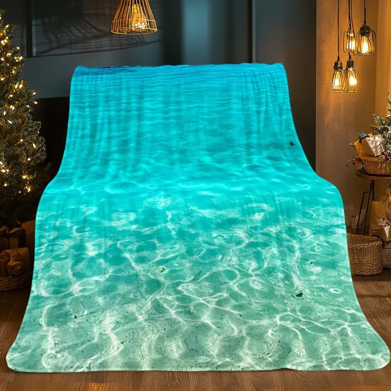 [Turquoise Ocean Blanket] 1pc Turquoise Ocean Waves Print Flannel Throw Blanket - Lightweight All-Season Soft Bedspread
