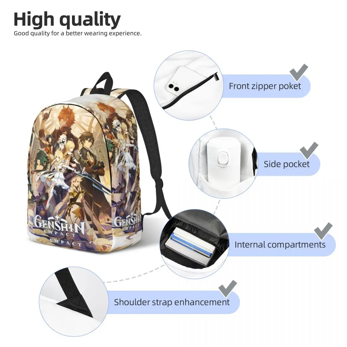 Genshin Impact Charaktere Rucksack Männer Frauen Coole Studenten Arbeit Tagesrucksack Anime Spiel Cartoon Laptop Computer Umhängetasche Outdoor
