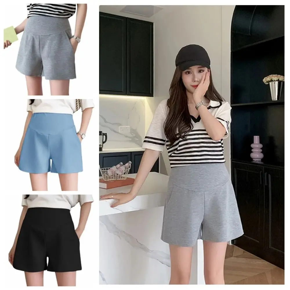 

High Waist Pregnant Woman Belly Pants Wide Legs XL/XXL Pregnancy Trousers Stretchy Solid Color Maternity Belly Shorts