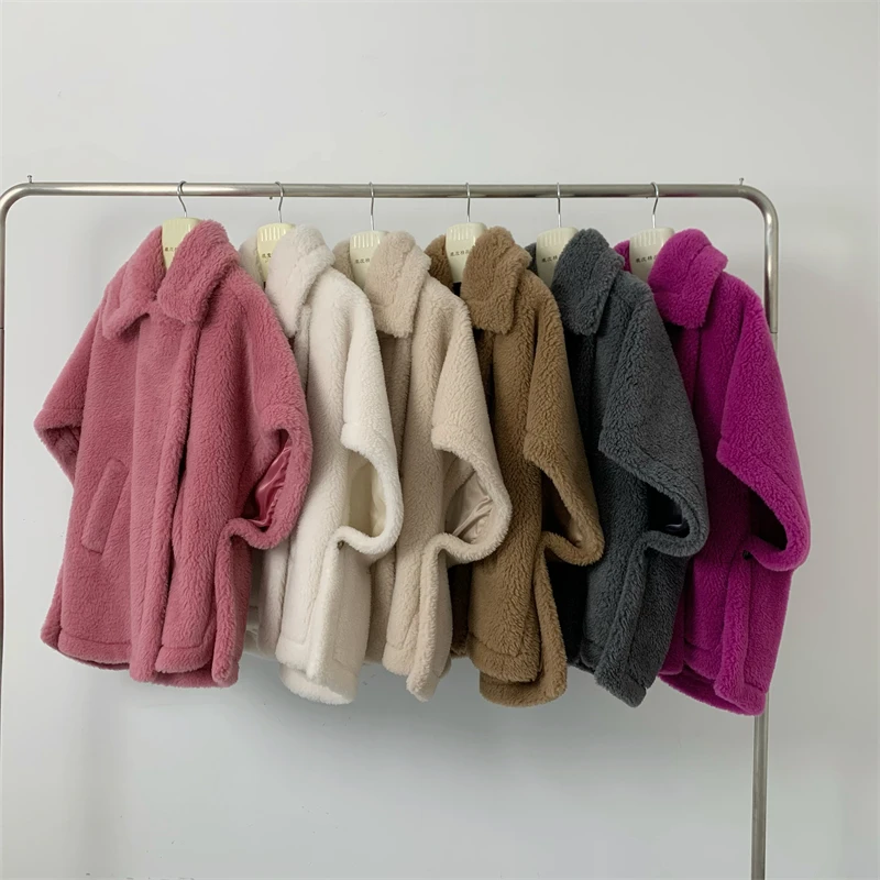 New Elegant LooseTeddy Bear Coat Shawl Cape Women Fashion Short Laepl Sheep Sheared Alpaca Fur Coat Silk Female Autumn Winter