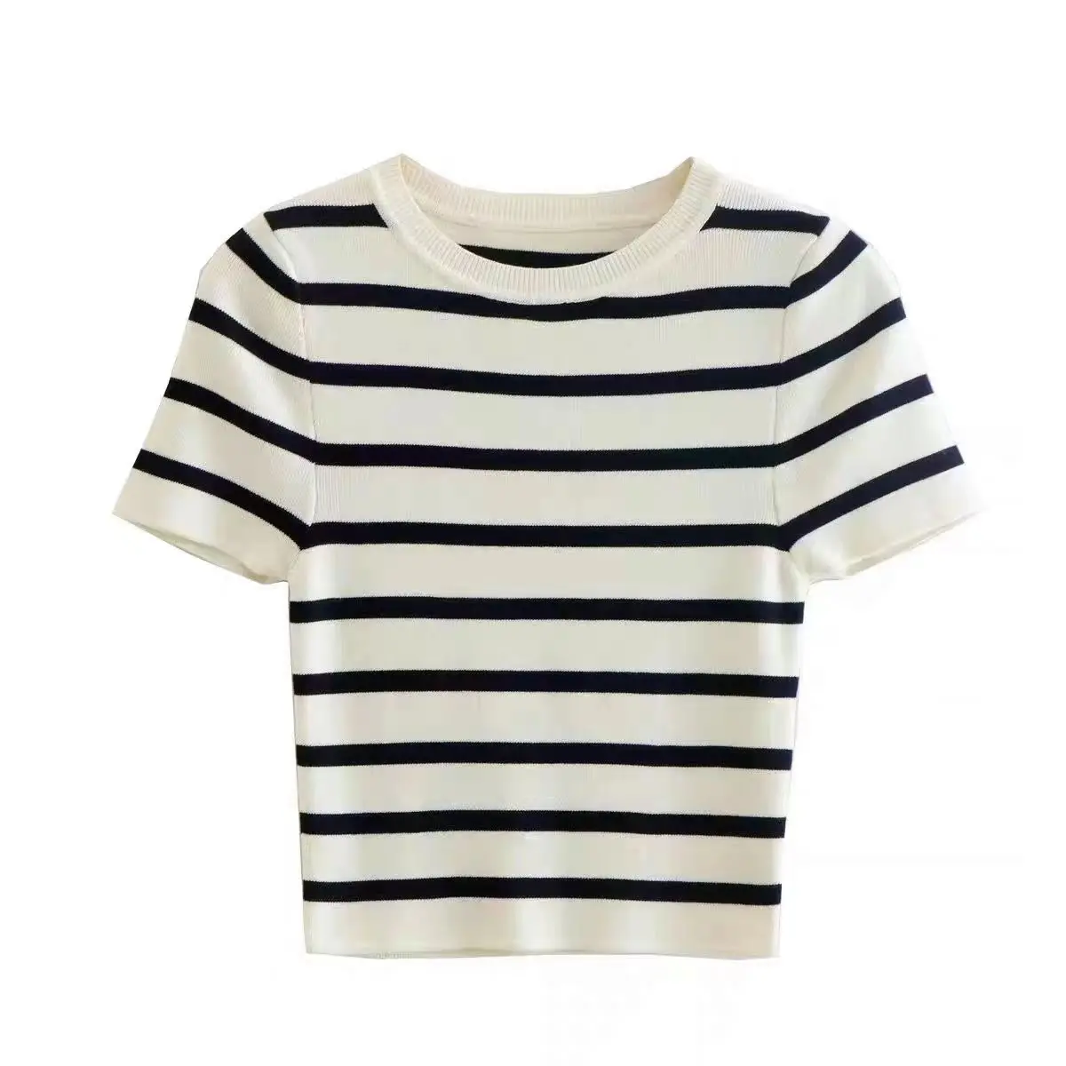 Casual Retro T-Shirt Sweet New Women Fashion Striped Cropped Knit Sweater Vintage O Neck Short Sleeve Female Pullovers Chic Tops