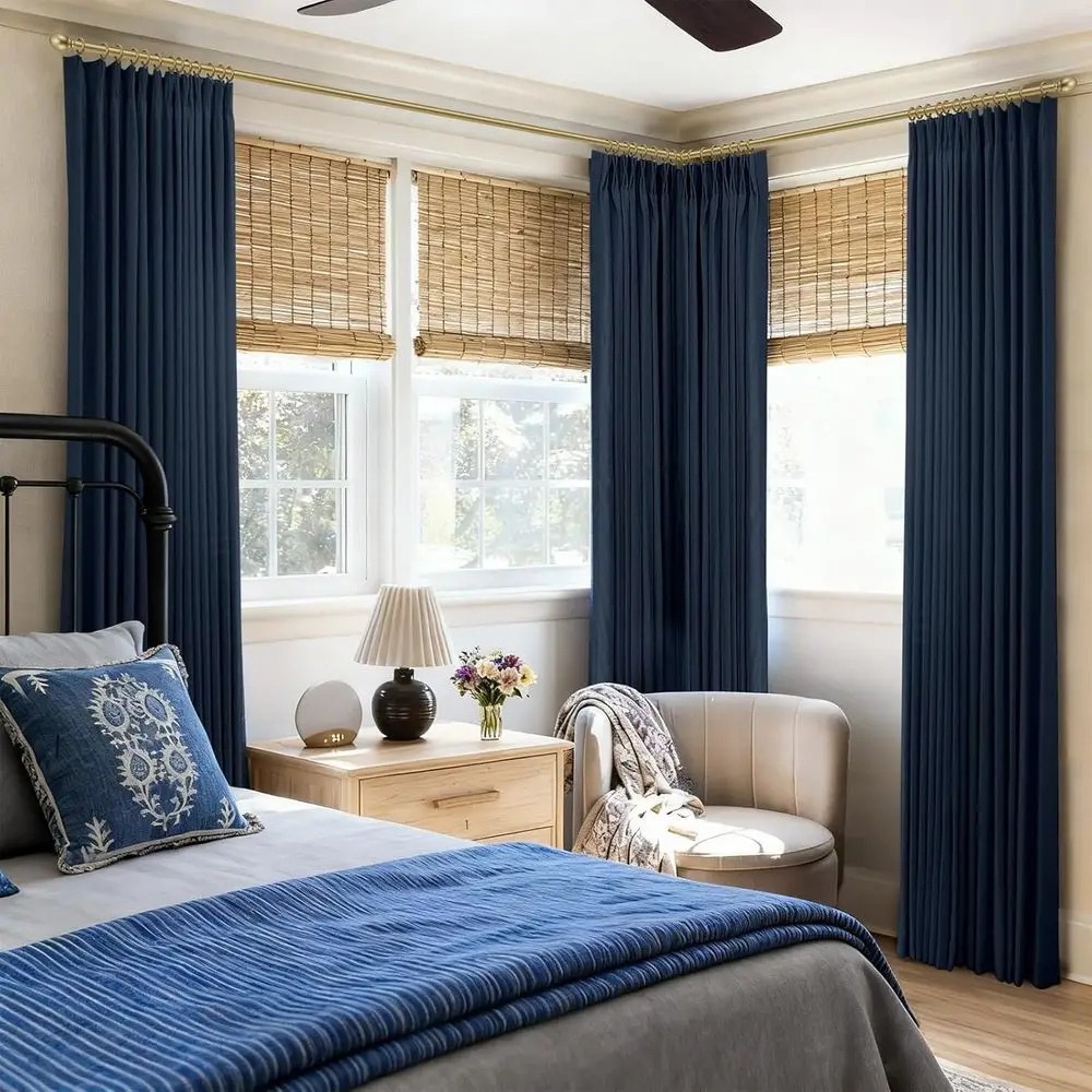 ネイビーブルー 40W x 90L リネン混紡遮光カーテン、フック20個付き、100%遮光、2枚セット、家庭用