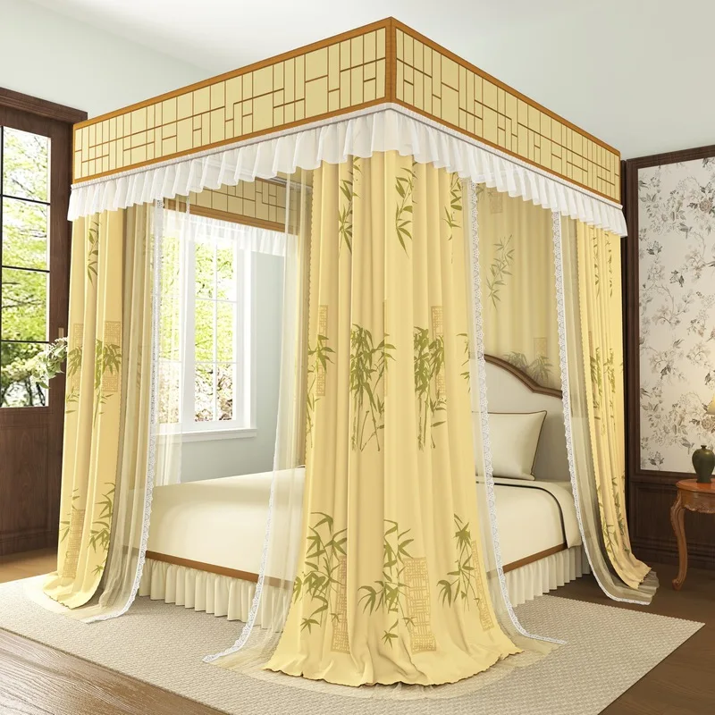 New Ancient Style Mosquito Net (Without Bracket) With Bamboo Leaf Pattern Bed Curtain Double-Layer Square Palace Mosquito Net