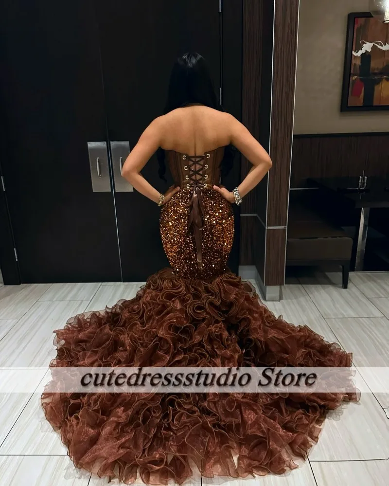 Stunning Brown Prom Dresses For Women 2025 Crystal Rhinestone Mermaid Party Dress Long Ruffles Evening Gowns Customized