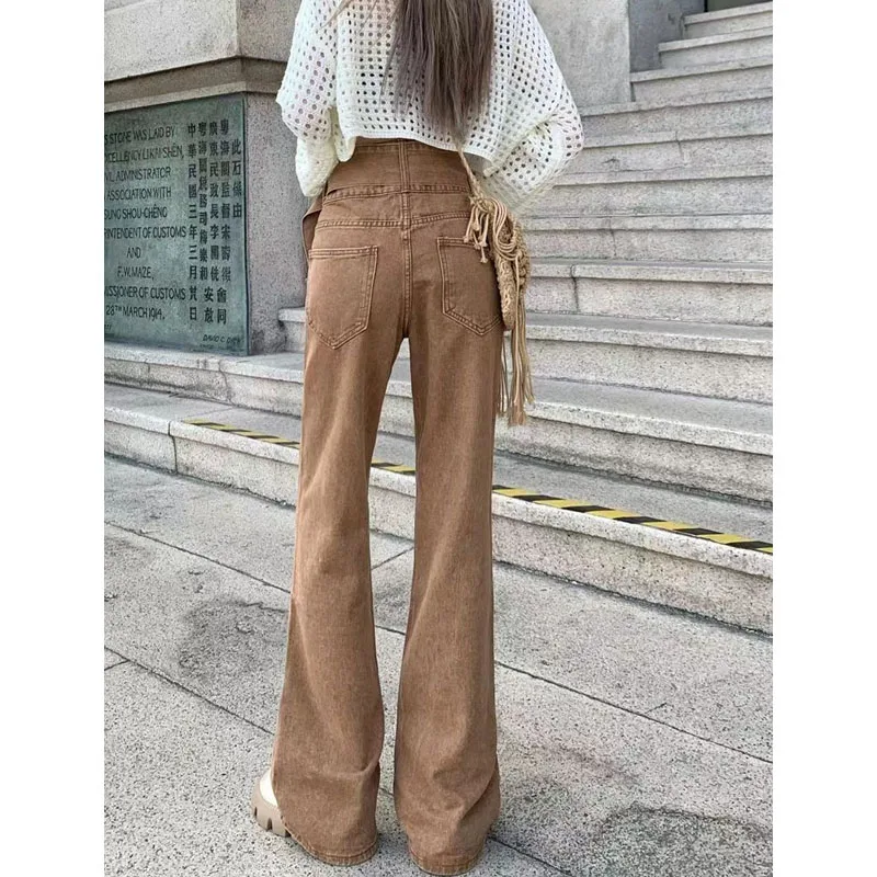 Streetwear Vintage Button High Waist Denim Trousers for Female Summer Casual Solid Slim Flare Pants Fashion Women's Clothing