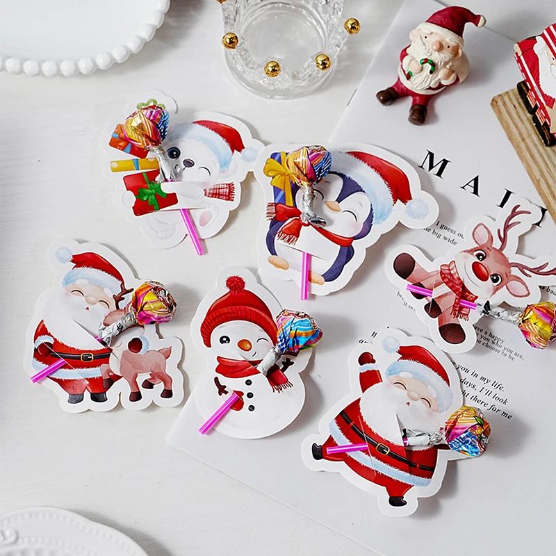 50Pcs Christmas Lollipop Paper Cards Cartoon Snowman Santa Claus Lollipop Holder Xmas Gifts DIY Christmas Party Decoration Card