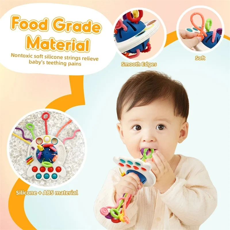 Desenvolvimento bebê chocalho mordedor brinquedos montessori silicone puxar corda jogos brinquedos do bebê 1 ano dentição brinquedos para bebês 6 12 meses