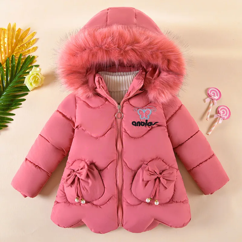 Girls' Winter New Butterfly Embroidery Bow Decal Cartoon Cute and Fashionable Versatile Fur Collar Long Sleeved Cotton Jacket