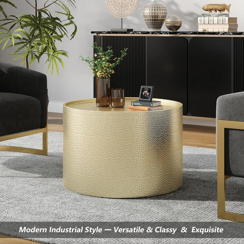 Zestaw 3 złotych stolików kawowych z efektem młotkowania, retro metalowe stoliki akcentujące do salonu, rozmiary 26 i 16, gotowe do użycia