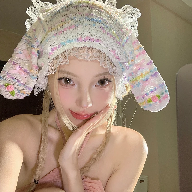 

Y2K Colorful Dot Knitted Rabbit Ears Bow Strap Hair Scarf for Women Summer Outing Versatile Babes Sweet Lace Headscarf