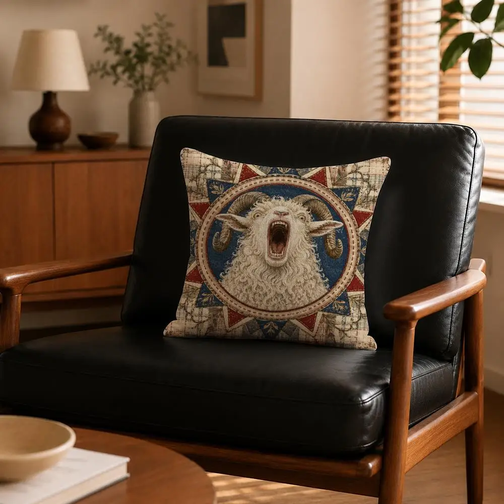 Screaming Goat Sheep Embroidered Style Cushion Cover Cushion Covers Natural Linen Breathable Sofa Bedroom Decor Pillowcase