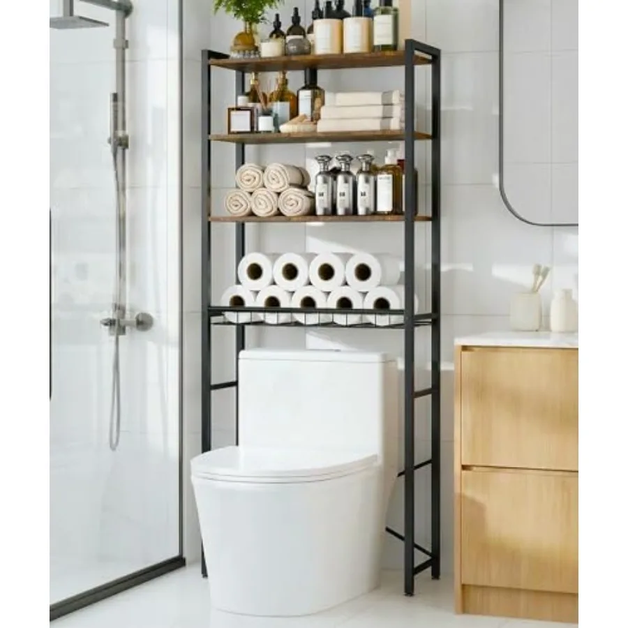 

4-Tier Over-the-Toilet Storage Rack with One-Piece Wooden Shelves and Open Net Basket Bathroom Organizer with Adjustable Feet a