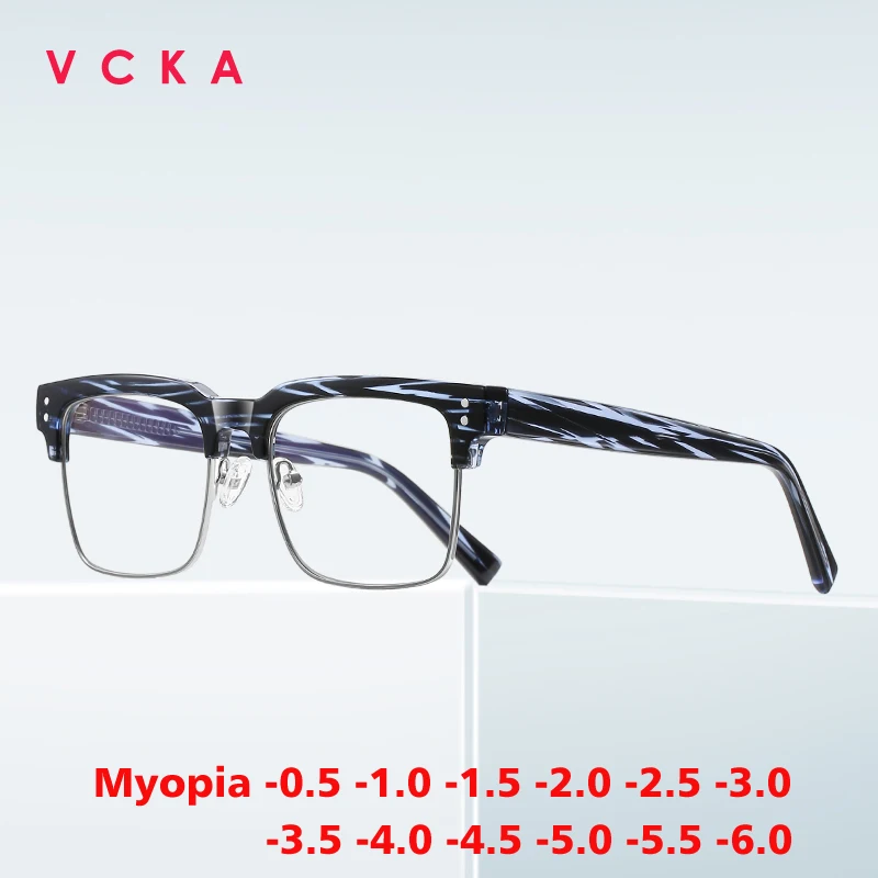 VCKA Anti-Blue Light Myopia Glasses Frame Business Square Photochromic Women Men Prescription Optics Eyewear -0.50 to -10