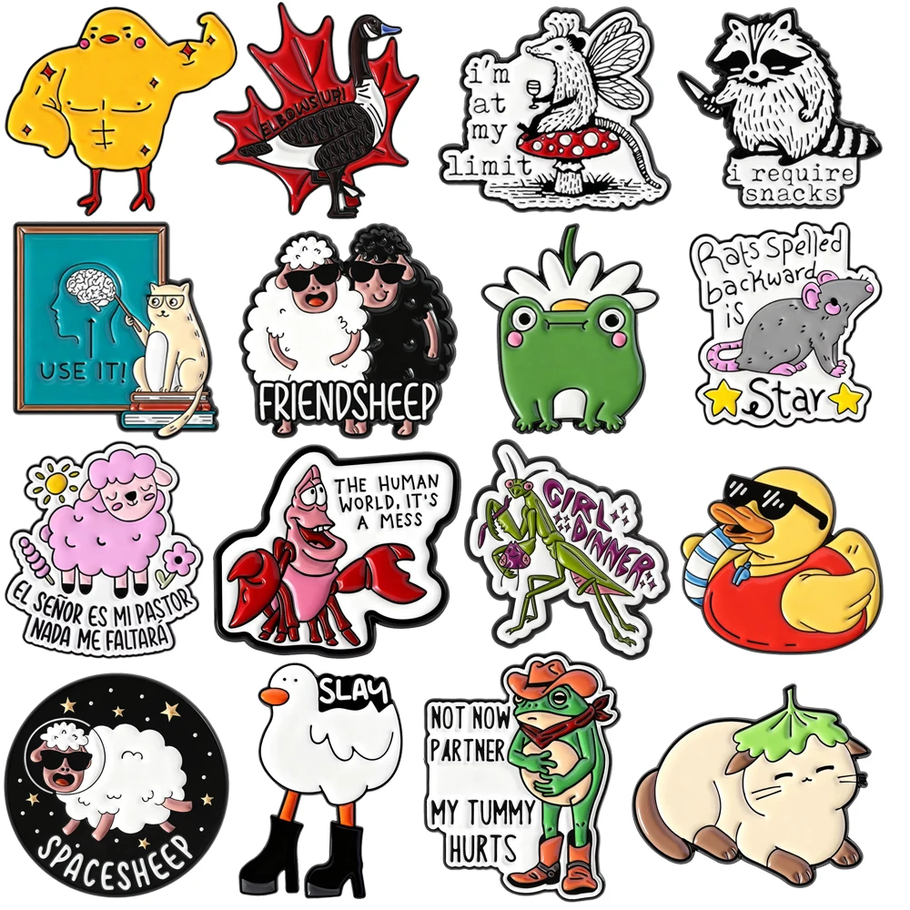 Cute Cartoon Animal Enamel Brooches Lapel Pins Muscle Duck Wing Mice Book Cat Goat Brother Sheep Mantis Frog Badge Jewelry Gift