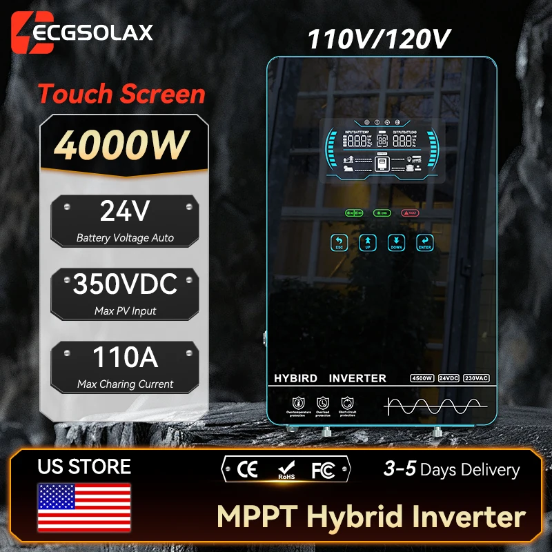 Inversor Solar Híbrido ECGSOLAX 4KW 24V 110V/120V de Onda Sinusoidal Pura con Controlador de Carga MPPT 110A, Máx. PV 350VDC