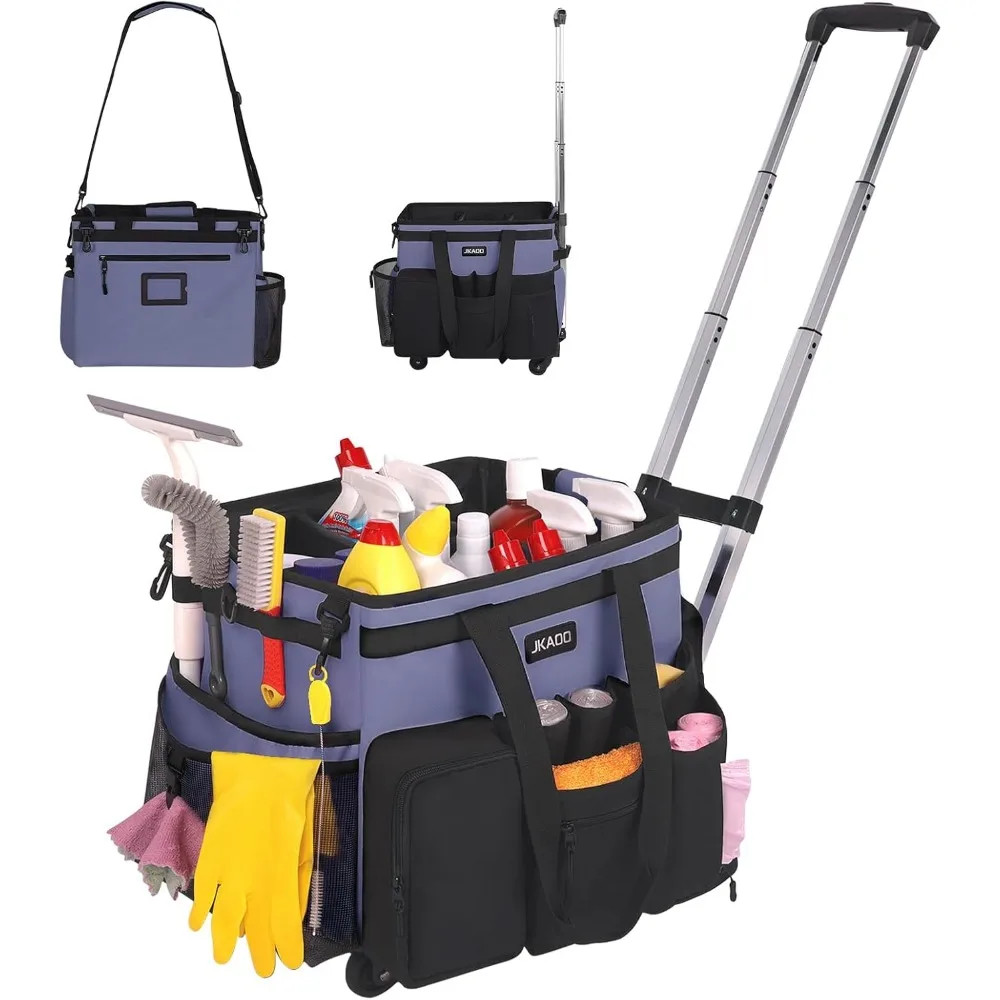 

Large Rolling Cleaning Caddy Bag with Detachable Trolley, Waterproof Organizer for Home, Car, Office