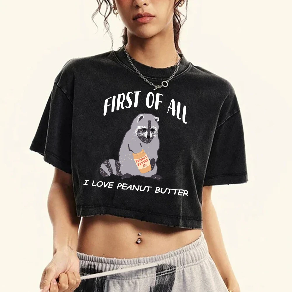 

First Of All Cartoon Raccoon Printed Female Washed T-Shirt Cotton O-Neck Slim T Shirts Retro Fitness Tops Fashion Short Sleeve