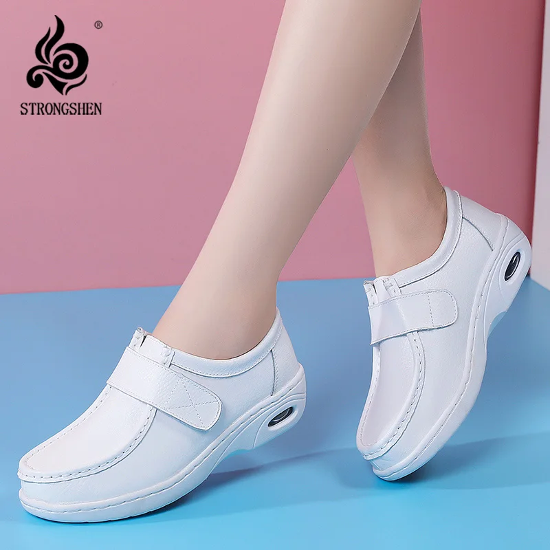 STRONGSHEN Women Platform Wedges Casual White Shoes Soft Nurse Work Shoes Hollow Out Breathable Comfort Non-slip Nursing Shoes