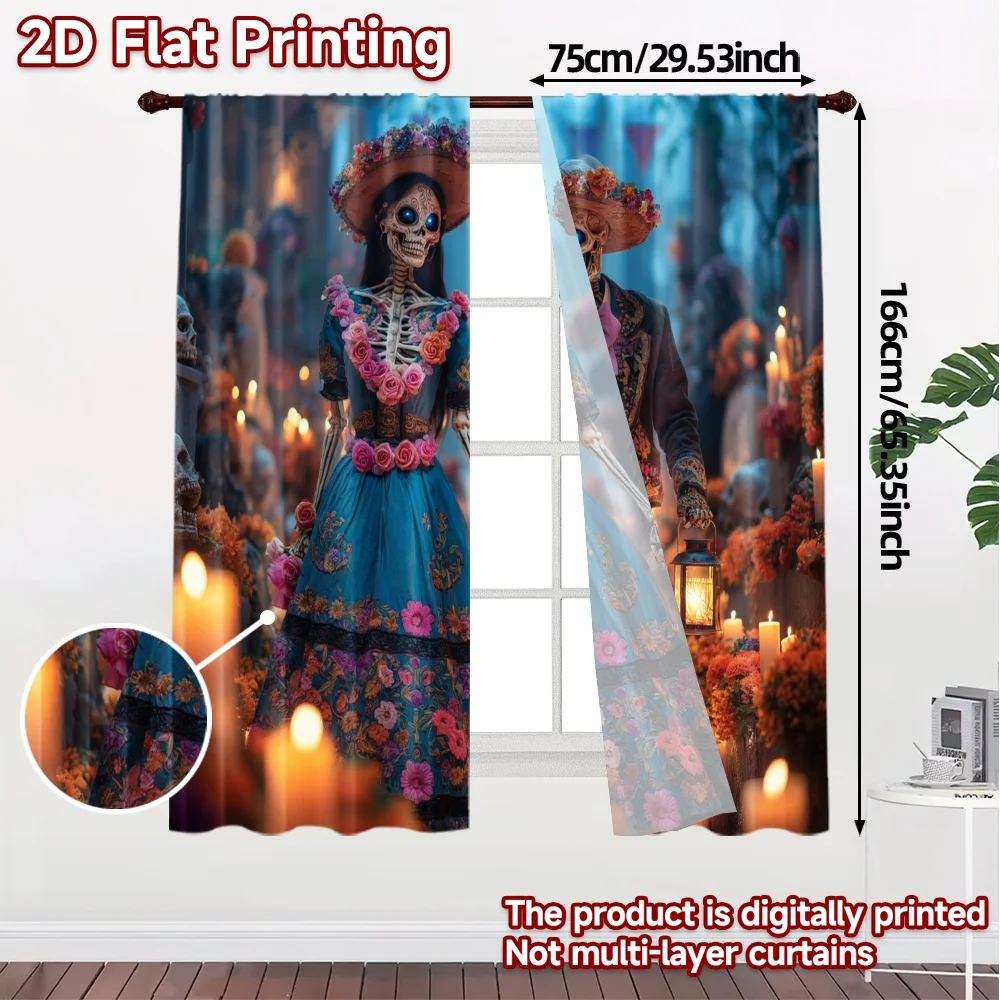 2pcs, 2D FLAT PRINTING Curtains (Without Rod) Dia de Muertos Popular Curtains 100% Polyester Curtains Decorations Outdoor