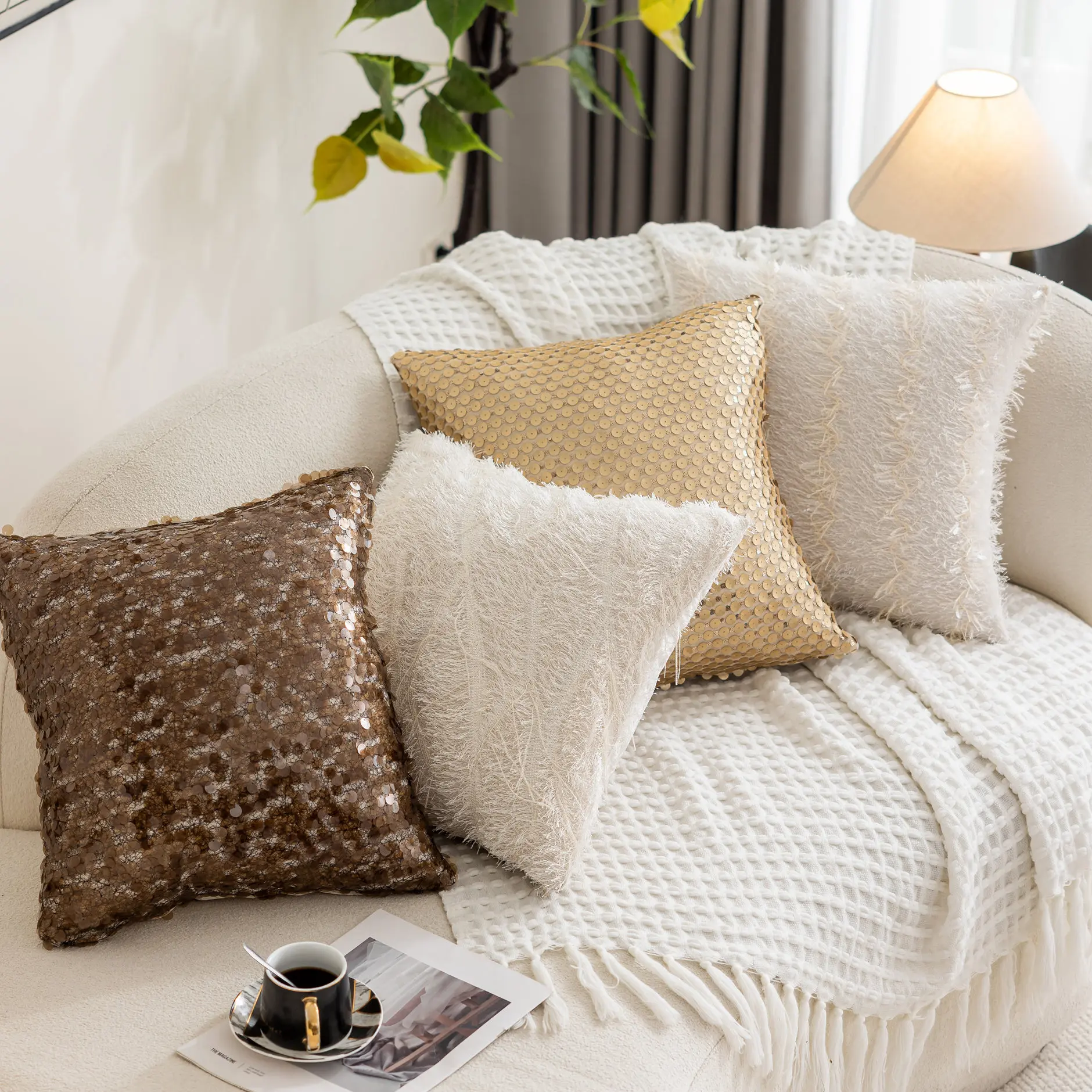Light Luxury Cushion Cover Pillow Case with Gold/ brown Sequin Embroidery Pillow cover White Tassels