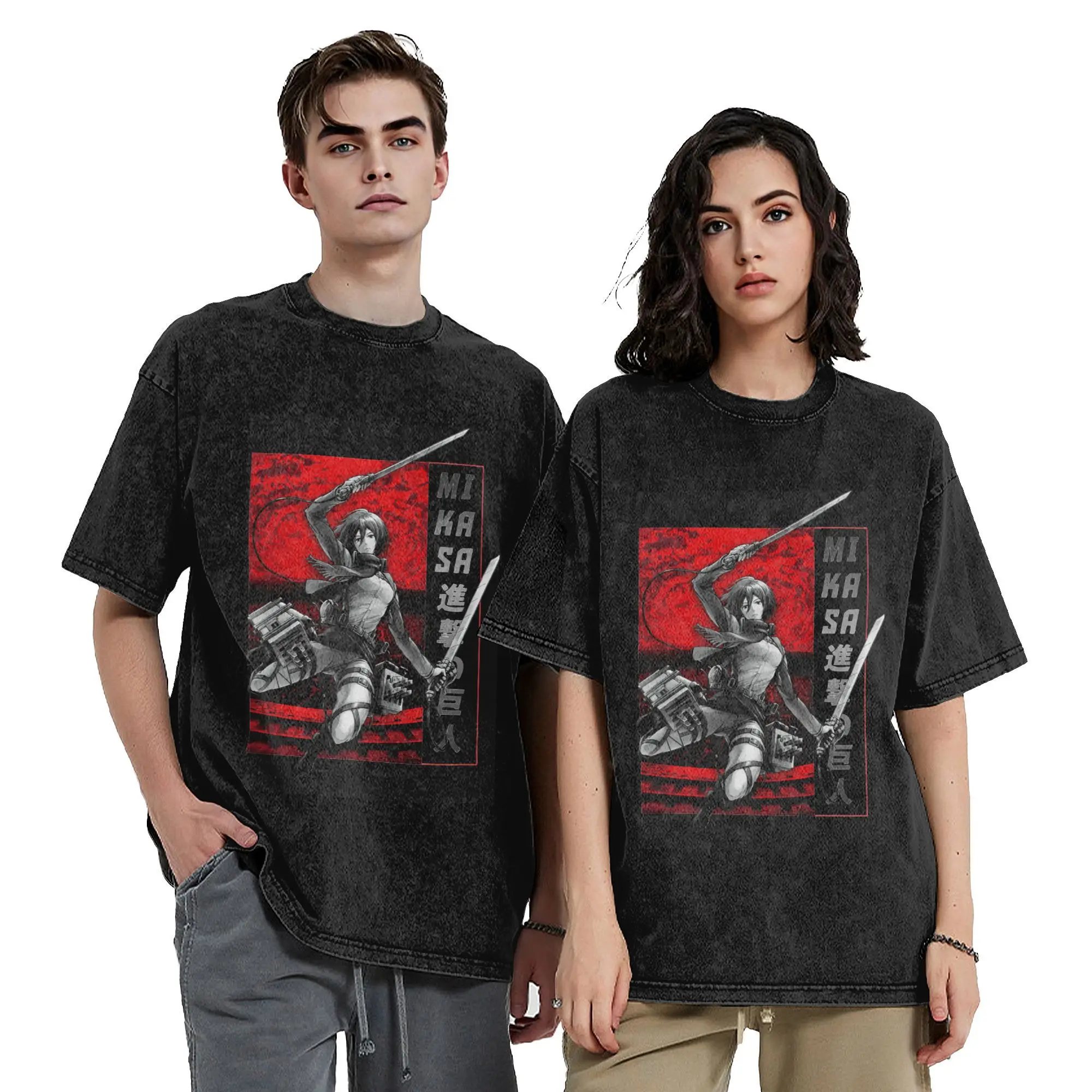 Mikasa Ackerman Aanval op Titan Vintage Gewassen T-shirt Grappige Katoenen T-shirts Crewneck T-shirts met korte mouwen Zomerkleding