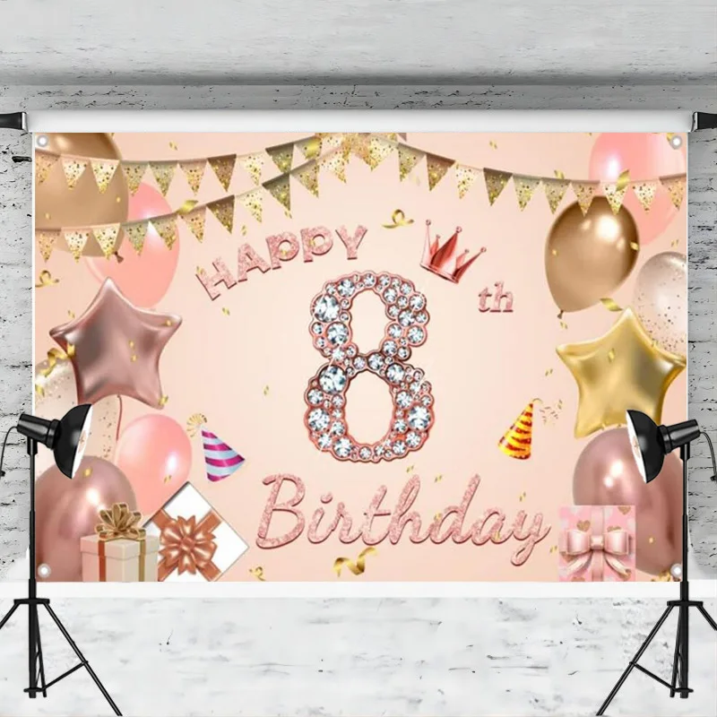 Happy 8th Birthday Decoration Backdrop Banner for Girls 8 Years Old Sign Poster Rose Pink Photo Background Party Supplies