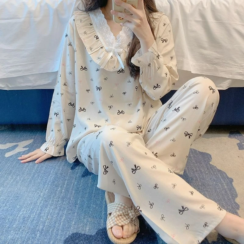 Pure Cotton Silk Pajamas Women's Spring Autumn Long-sleeved Suit Lace Sexy National Style New Models Can Be Worn Loungewear