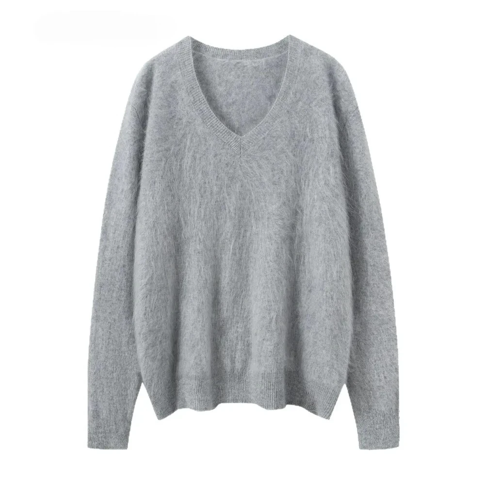 2025 Women's Fashion Autumn/Winter Clothing 100% Cashmere Fashionable Simple Loose Lazy Style Solid Color Inner Fleece Sweater