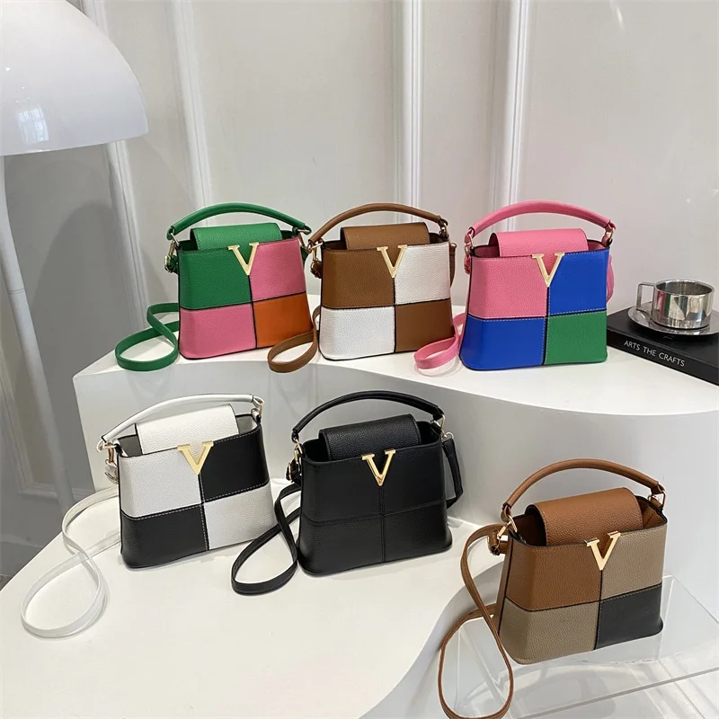 

New Light Luxury High-end Bucket Bag Contrast Color Handbag Women's Design Shoulder Messenger Bag High-end Shoulder Bag