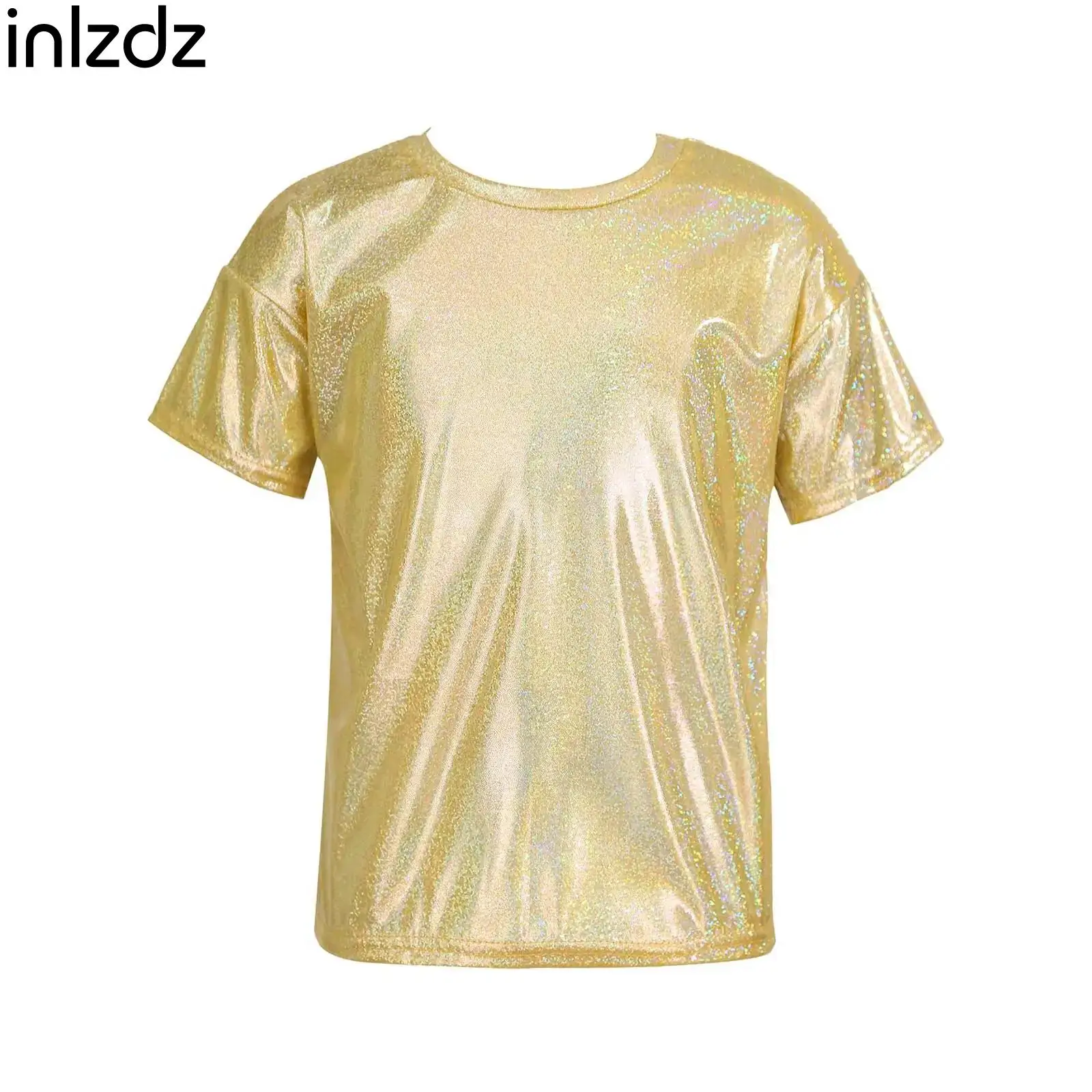 

Kids Girls Boys Hip Hop Short Sleeve T-shirt Metallic Shiny Sparkly Sequin Jazz Dance Solid Color Tops for Kids Dancing Clothing