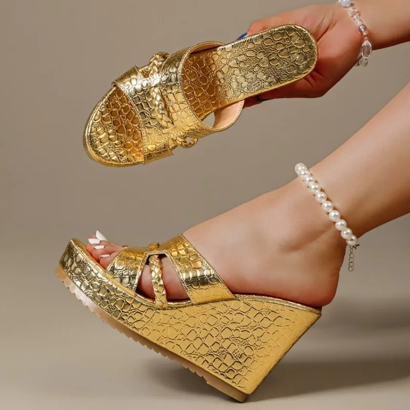Sandalias de cuña para mujer, con punta abierta, plataforma, estilo mule, brillo metálico, textura de reptil, correa tejida, calzado informal para caminar en la playa